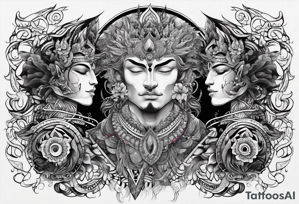 Men's chest tatto with two psychedelic entities facing each other, meaning that only  their sides are visible tattoo idea