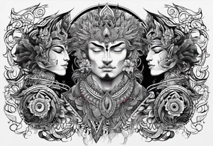 Men's chest tatto with two psychedelic entities facing each other, meaning that only  their sides are visible tattoo idea