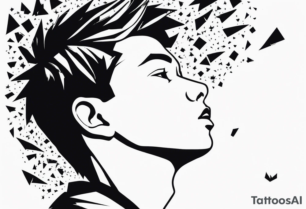boy looking up into the sky, the boy is made of broken pieces tattoo idea