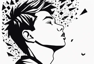 boy looking up into the sky, the boy is made of broken pieces tattoo idea