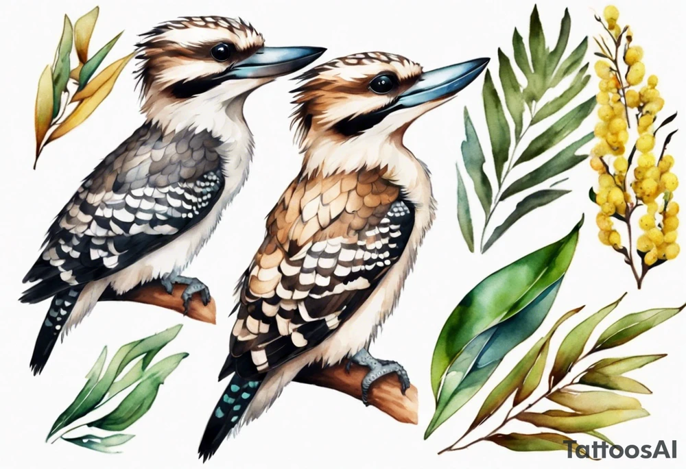 Small kookaburra sitting on wattle leaves tattoo idea