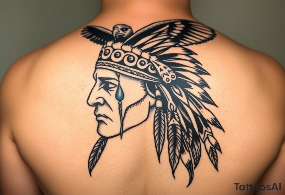 tear indian warrior with Hawk above in background, flat silhouette except Indian warrior face w tear, show it strength, honor, love, spirit.. tattoo idea