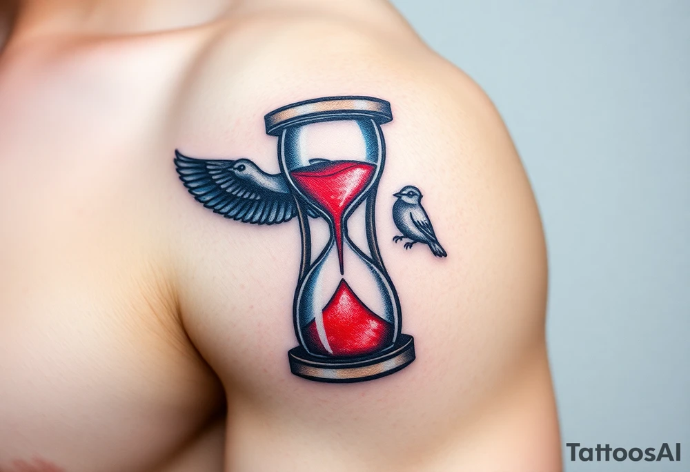 An Hourglass with Sand Turning into Birds(only red , blue and black are possible colors) tattoo idea