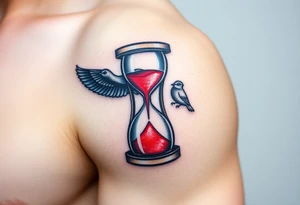 An Hourglass with Sand Turning into Birds(only red , blue and black are possible colors) tattoo idea