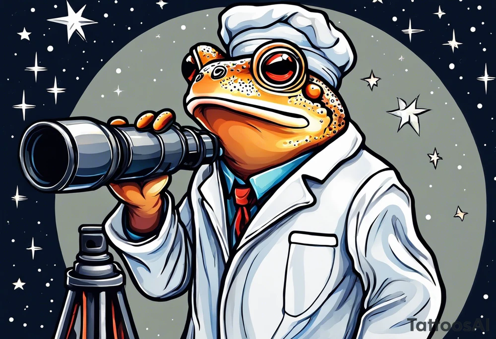 Small toad in a lab coat looking up at the stars through a telescope tattoo idea