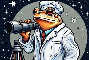 Small toad in a lab coat looking up at the stars through a telescope tattoo idea