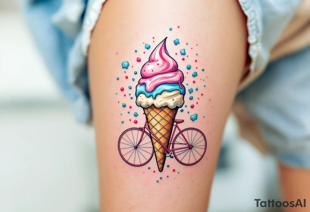 A bicycle with a giant ice cream cone with pastel pinks, blues, and creamy whites, representing indulgence and happiness. tattoo idea