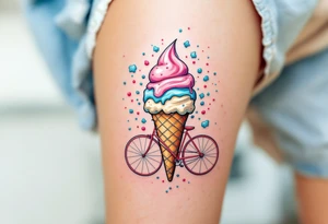 A bicycle with a giant ice cream cone with pastel pinks, blues, and creamy whites, representing indulgence and happiness. tattoo idea