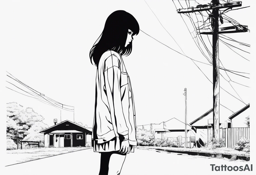 portrait of tomie standing up a character by the horror manga author junji ito full body standing murderously. add more horror and gore elements tattoo idea