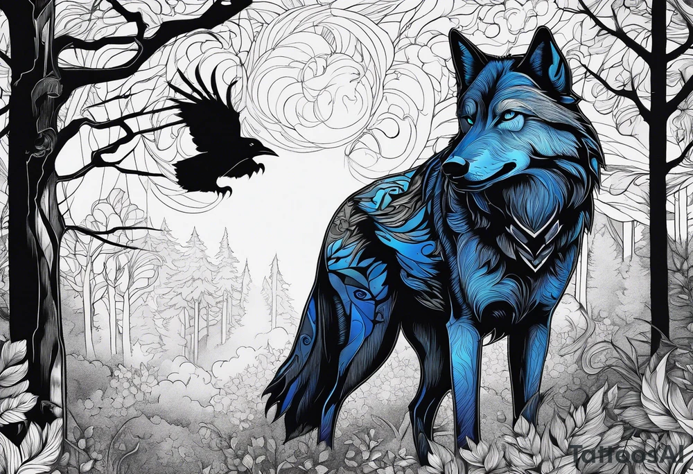 main character an impressive blue-eyed wolf, a crow talks to the wolf, background a gloomy forest tattoo idea