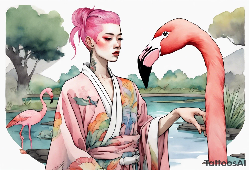 a nonbinary person with pink hair wearing a rainbow medieval robe standing next to a flamingo near a pond tattoo idea