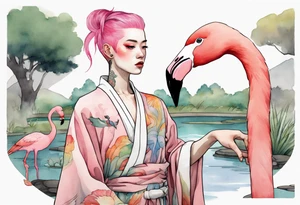 a nonbinary person with pink hair wearing a rainbow medieval robe standing next to a flamingo near a pond tattoo idea