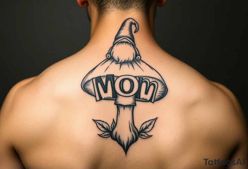 Mushroom with word mom on it with gnome on top tattoo idea Mushroom with word mom on it with gnome on top tattoo idea