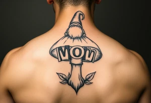 Mushroom with word mom on it with gnome on top tattoo idea