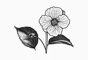 One Hydrangea flower with stem and a small bee. Small for forearm placement tattoo idea