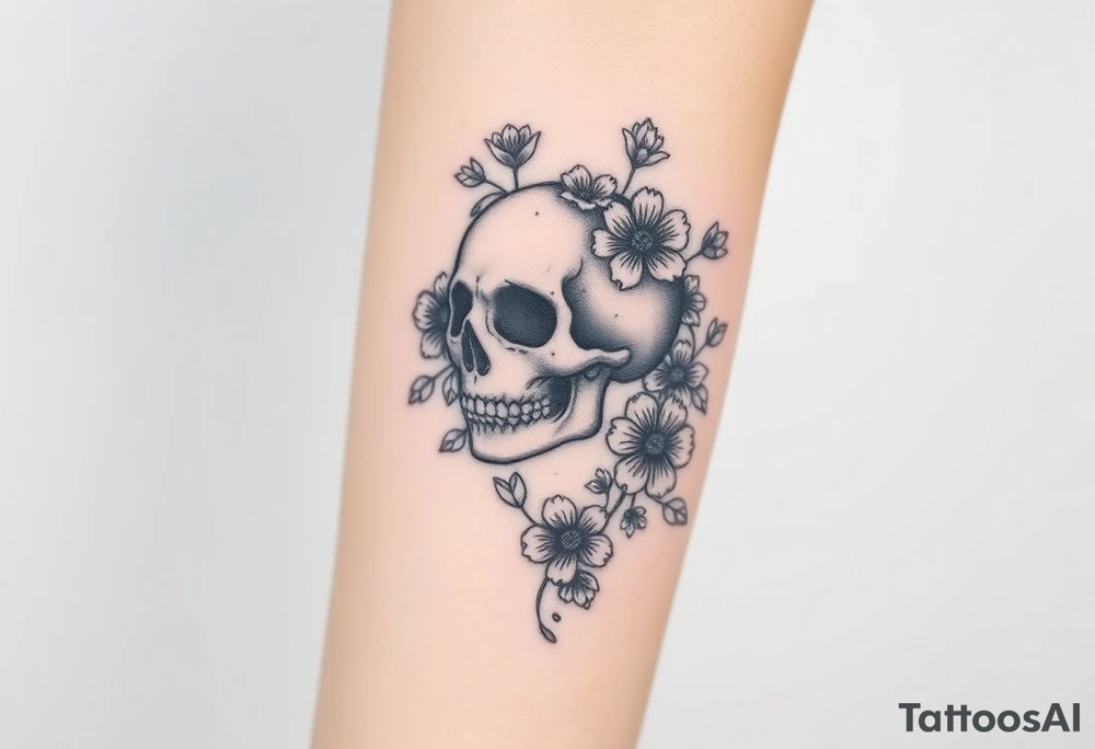 Pretty skull surrounded by wildflowers and hearts half sleeve tattoo idea