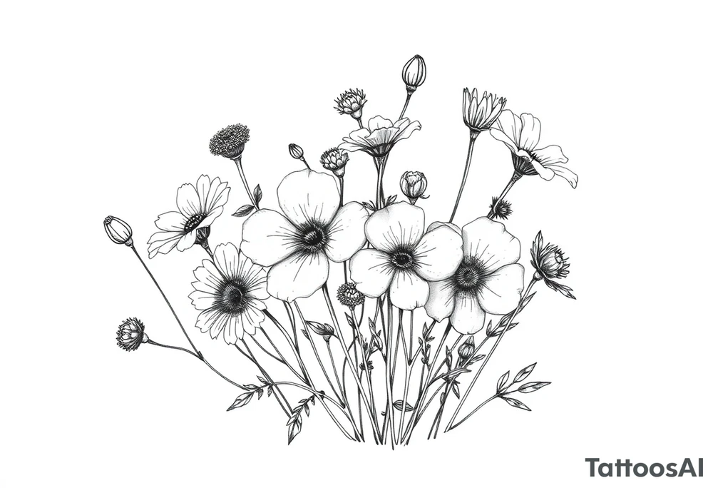 A cluster of wildflowers, with solid black shadows at the base and lighter stippling toward the petals. Some flowers can be in full bloom while others start to wilt or fall apart, symbolizing the passage of time. tattoo idea