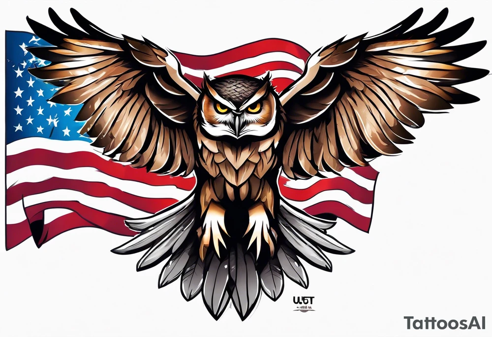 angry owl swooping down with talons holding an american flag tattoo idea