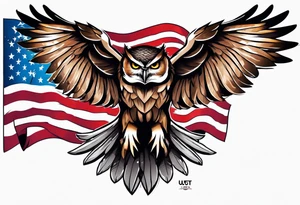 angry owl swooping down with talons holding an american flag tattoo idea