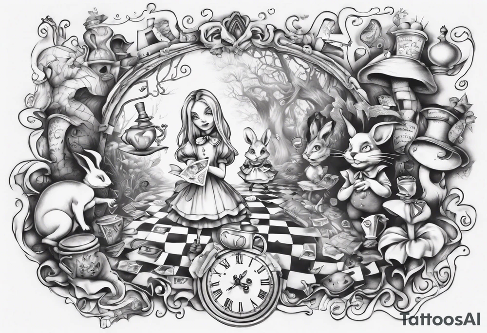 Alice in wonderland mural, "Alice, Don't Get Lost In Wonderland" tattoo idea