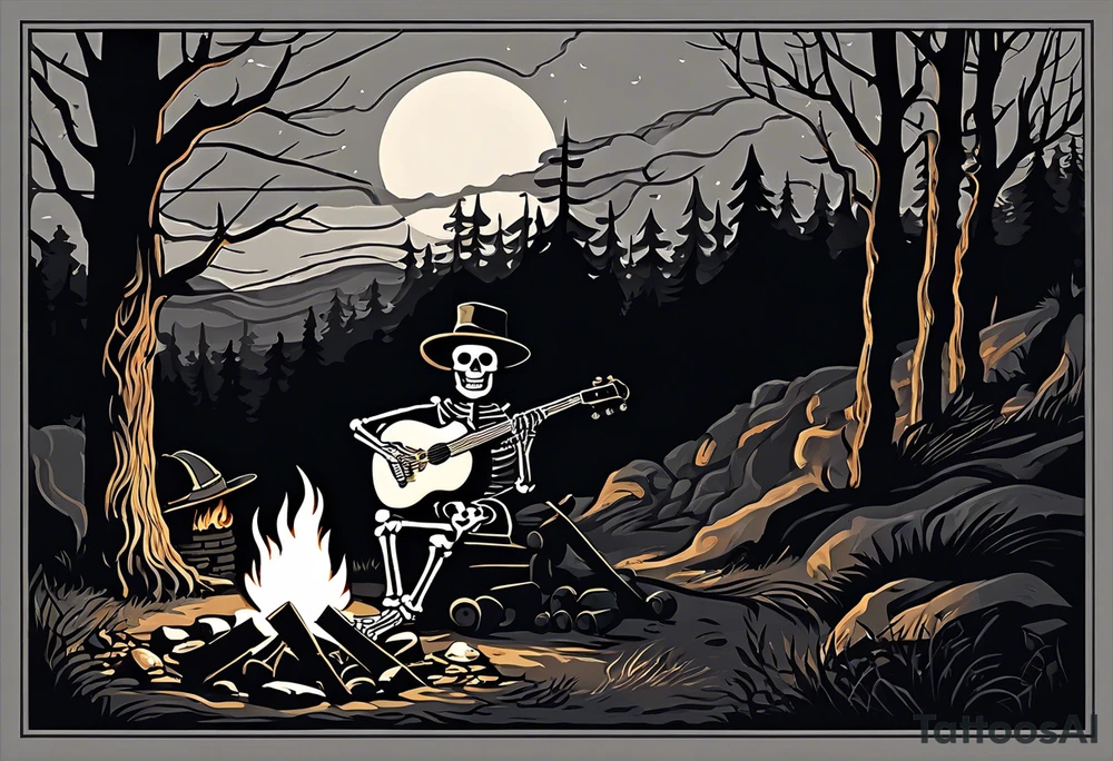 Foreground: The skeleton in a coal miner's hat, animatedly playing the banjo. The light from the campfire illuminates the skeleton and the nearby surroundings, casting intricate shadows.
Midground: The glowing campfire, with flames realistically designed in black and grey shades to emphasize movement and light.
Background: Subtle outlines and shading of rhododendron plants, giving a natural and dense feel to the woods. These can be stylized to blend seamlessly with the style of the tattoo.
Sky: A night sky speckled with stars, adding depth and a sense of time to the scene, with the stars providing a contrast against the dark sky. tattoo idea
