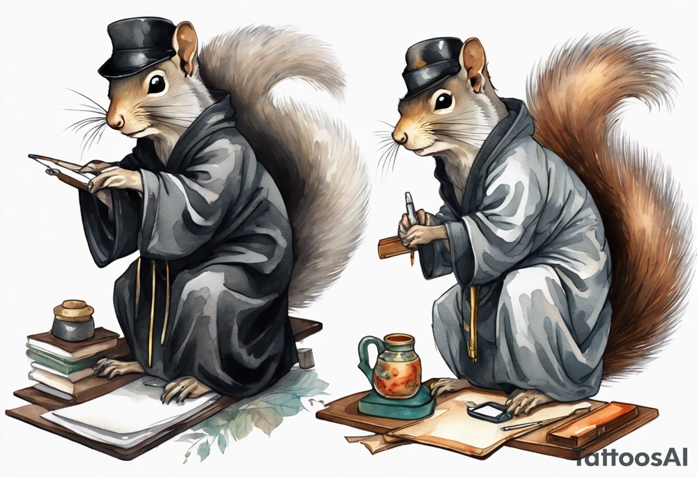 an elderly grey squirrel with a long beard wearing a black robe sitting at a desk tattoo idea