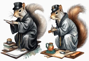 an elderly grey squirrel with a long beard wearing a black robe sitting at a desk tattoo idea
