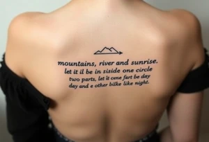 mountains. river and sunrise, let it all be inside one circle. draw a line and divide the circle into two parts, let one part be like day and the other part like night tattoo idea