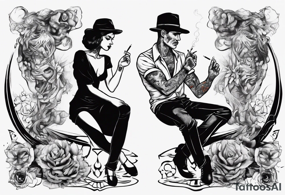 A depiction of a man and a woman. The man stands smoking a cigarette, the woman sits with her legs wide apart tattoo idea