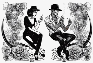 A depiction of a man and a woman. The man stands smoking a cigarette, the woman sits with her legs wide apart tattoo idea