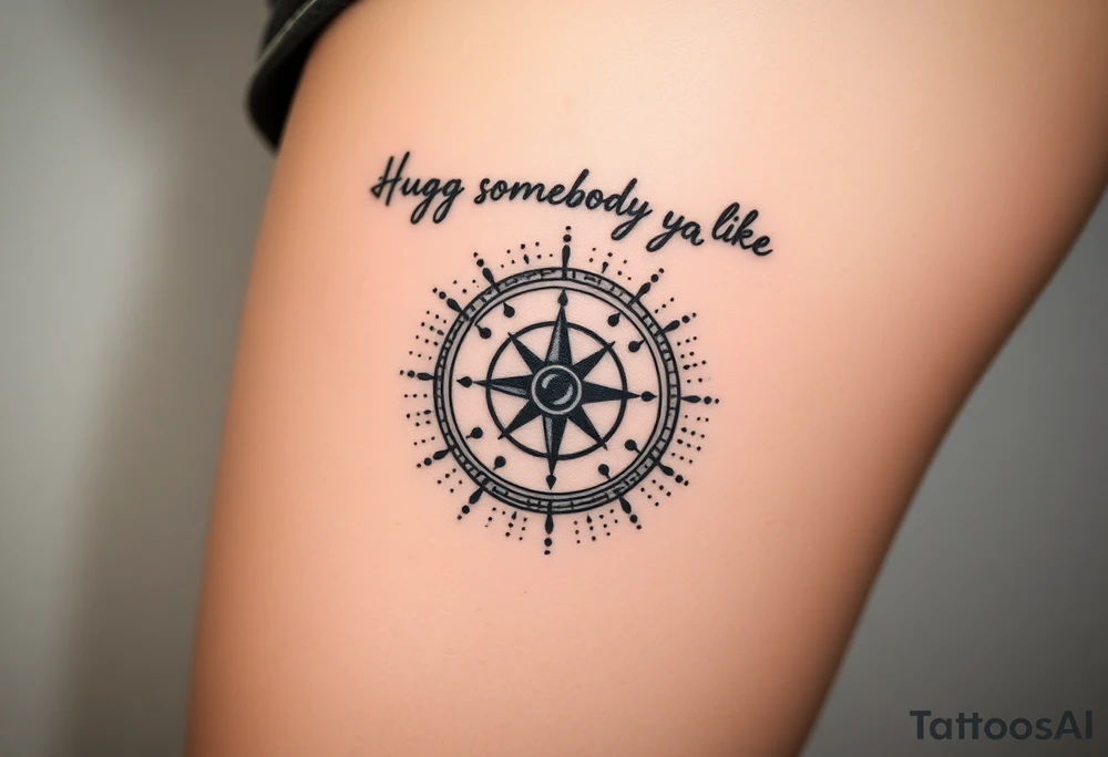 Three dimensional sundial casting shadow with handwriting “Hug somebody ya like” above. tattoo idea
