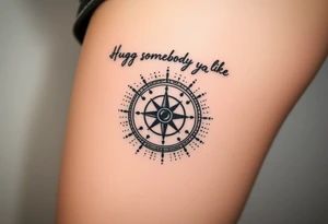 Three dimensional sundial casting shadow with handwriting “Hug somebody ya like” above. tattoo idea