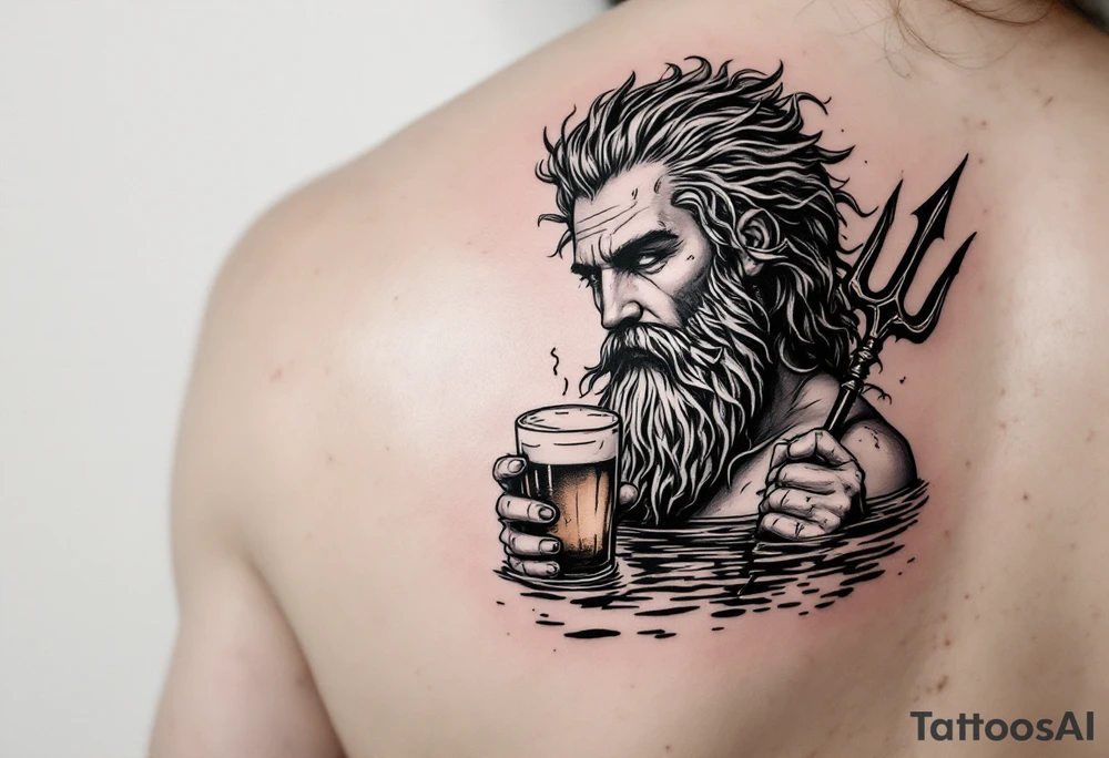 Drunk neptune with trident half way in calm water with a beer tattoo idea