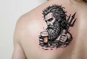 Drunk neptune with trident half way in calm water with a beer tattoo idea