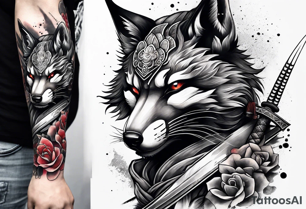 Samurai with fox mask full sleeve tattoo idea