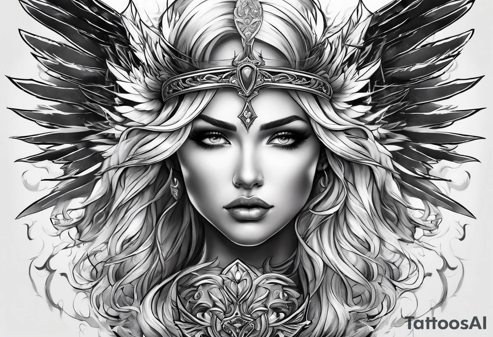 Female angel with sword lightning and lightning eyes tattoo idea