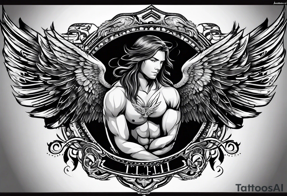 the word Glenn on a banner and angel wings tattoo idea