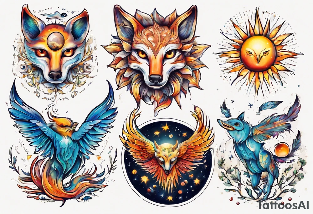 fisch, fuchs und eule , symetrie  sonne, universum, bunt, " sapere aude" tattoo idea