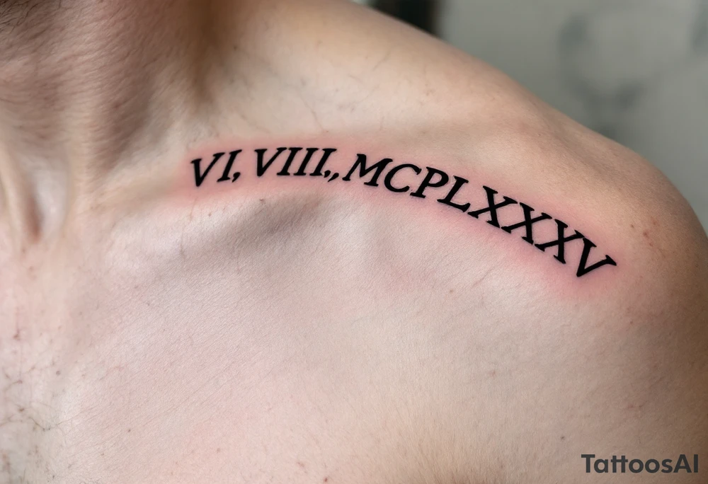 Dark ink VI.VIII.MCMLXXXV arched over the shoulder blade, with cracked marble texture for a timeless look. tattoo idea