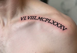 Dark ink VI.VIII.MCMLXXXV arched over the shoulder blade, with cracked marble texture for a timeless look. tattoo idea