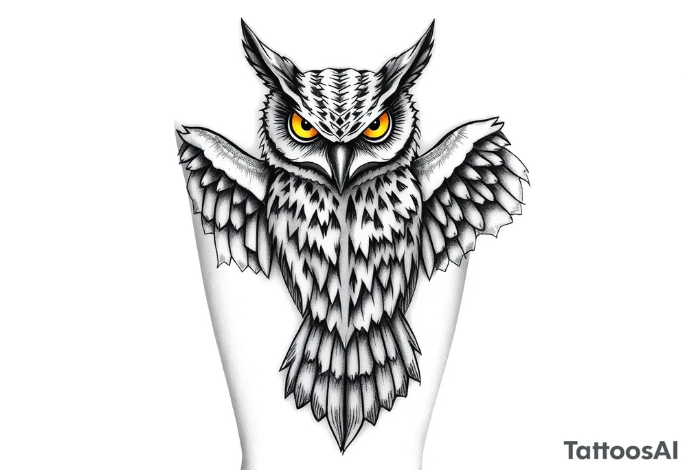 demonic owl with yellow eyes, back of leg, one wing spread wide out and the other wing wrapped inward, face covers back of calf and wing wraps around one side, wing is very large and detailed on one side tattoo idea