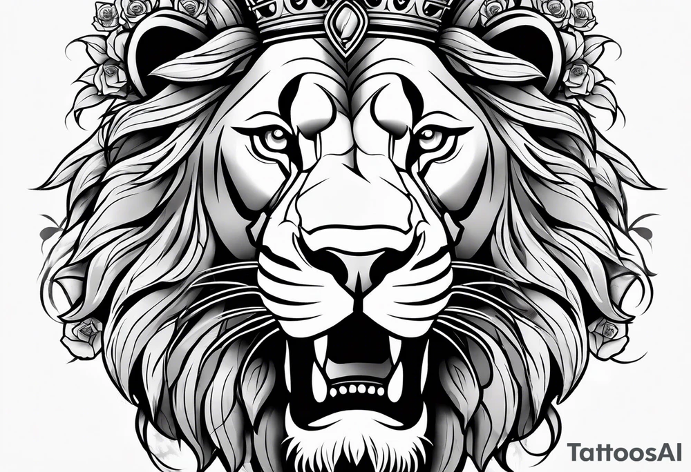Roaring Lion with crown with roses tattoo idea