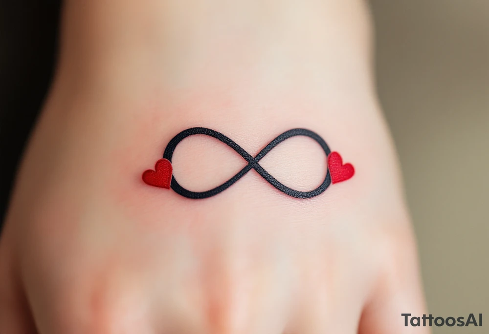 A bold black infinity sign entwined with two matching red hearts at each loop end. tattoo idea
