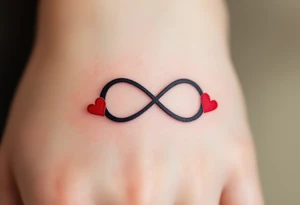 A bold black infinity sign entwined with two matching red hearts at each loop end. tattoo idea