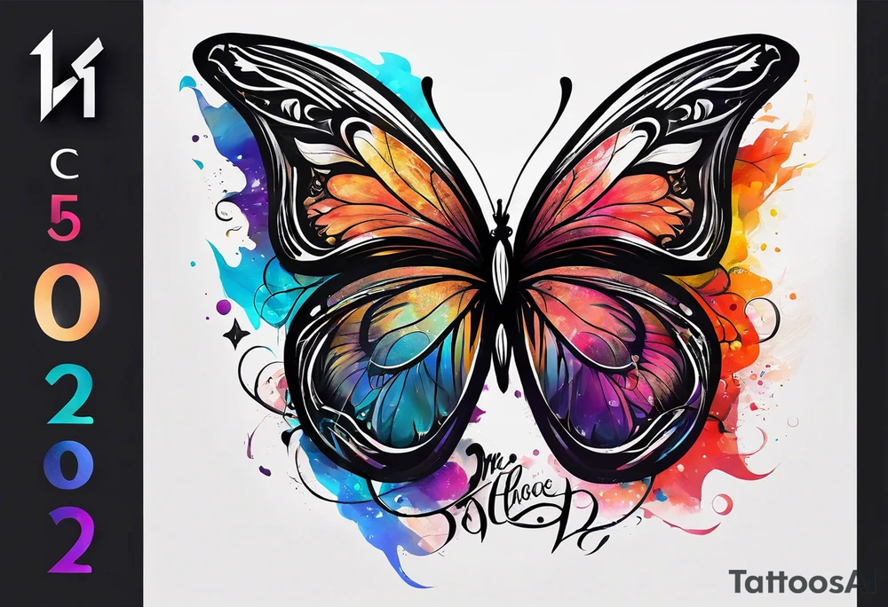 butterfly with one wing black scribbles, the other wing beautiful and colorful, the body has the date 1.9.2023 and the words written "I chose to live." tattoo idea