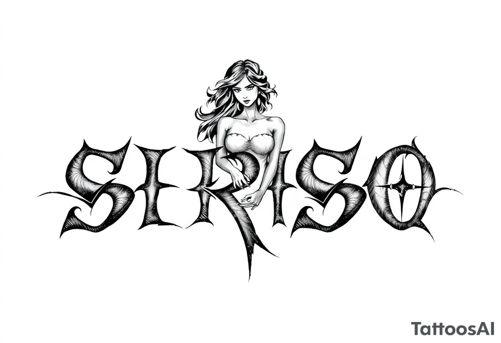 Abstract Tribal font saying “SIRISO” with all letters close together and the S in SIRISO connected to the O and a silloute of a woman on top of the words tattoo idea