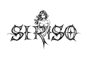 Abstract Tribal font saying “SIRISO” with all letters close together and the S in SIRISO connected to the O and a silloute of a woman on top of the words tattoo idea