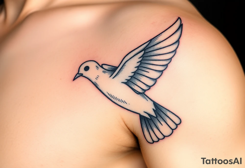 A realistic collared dove in flight, wings spread wide with soft gray and white feathers, symbolizing peace and freedom tattoo idea