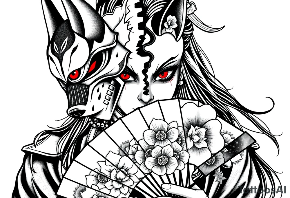 Woman samurai with red eyes wearing an half and broken kitsune mask, holding a japanese fan with belamcada flowers tattoo idea