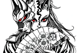 Woman samurai with red eyes wearing an half and broken kitsune mask, holding a japanese fan with belamcada flowers tattoo idea